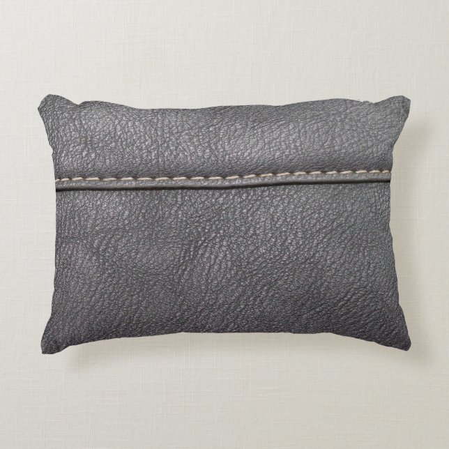Black leather stitched with white stitching accent pillow (Front)