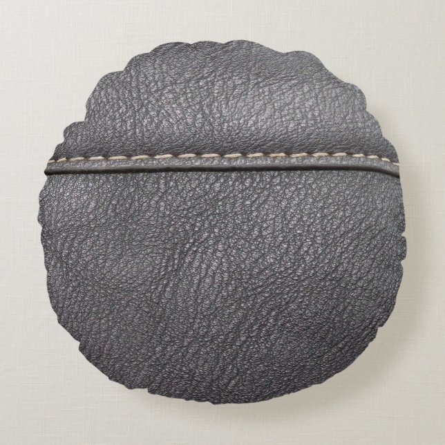 Black leather stitched with white stitching round pillow (Front)