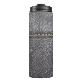 Black leather stitched with white stitching thermal tumbler