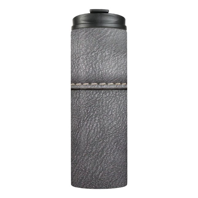 Black leather stitched with white stitching thermal tumbler (Front)