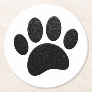 Black Leather Texture Dog Paw Print Round Paper Coaster