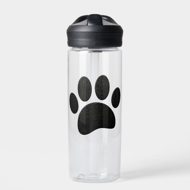 Black Leather Texture Dog Paw Print Water Bottle (Front)