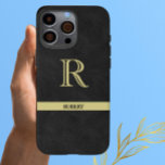 Black Leather Texture Monogram Name Gold   iPhone 16 Pro Max Case<br><div class="desc">Personalized Monogram and Name. Black leather texture with Gold elegant lettering (not actual leather). Sophisticated father's day gift idea for dad or grandpa (husband / significant other). Could also be a perfect holiday or retirement gift idea. if you need any design assistance or a special request, just send us a...</div>