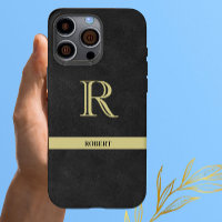 Black Leather Texture Monogram Name Gold