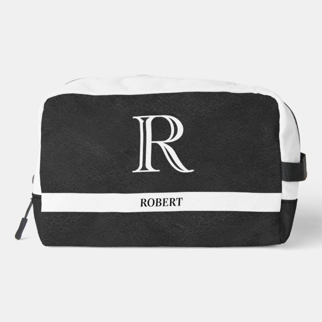 Black Leather Texture Trim White Monogram Name  Dopp Kit (Back)