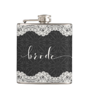 Black Leather, White Lace, & Bride Typography Hip Flask