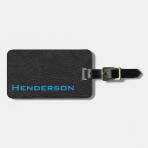 Black Leather with Blue Text Luggage Tag