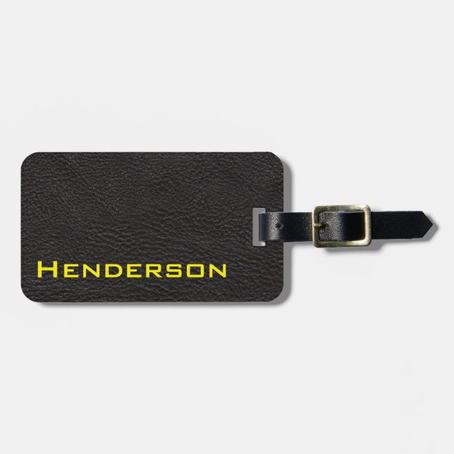 Black Leather with Yellow Text Luggage Tag (Front Horizontal)