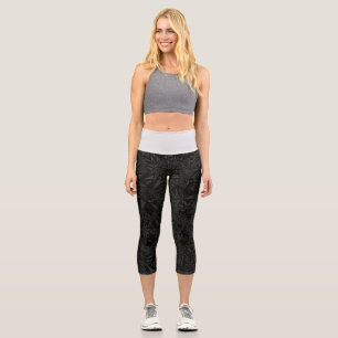 Black Leaves And White  Capri Leggings