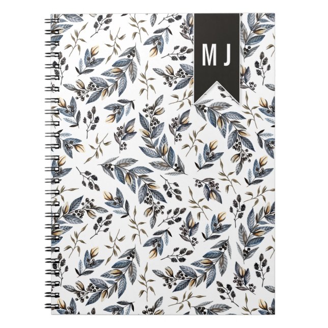 Black Leaves Berries Pattern Monogram | Notebook (Front)