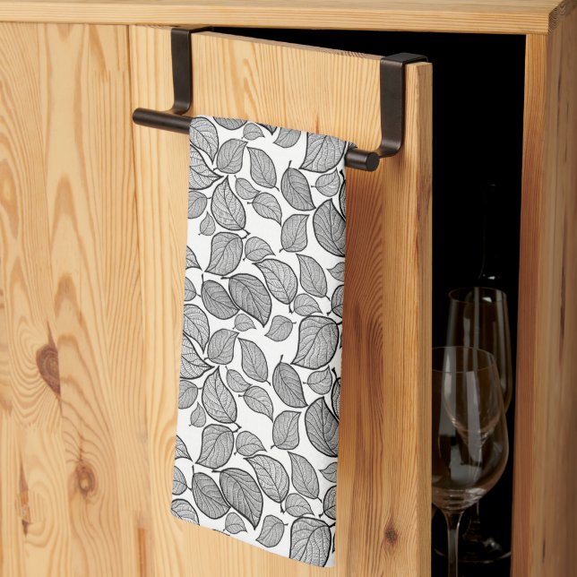 Black Leaves White Kitchen Towels (Thirds Fold)