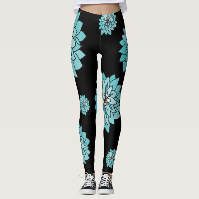 Black legging with graphic teal blue flower design (Front)