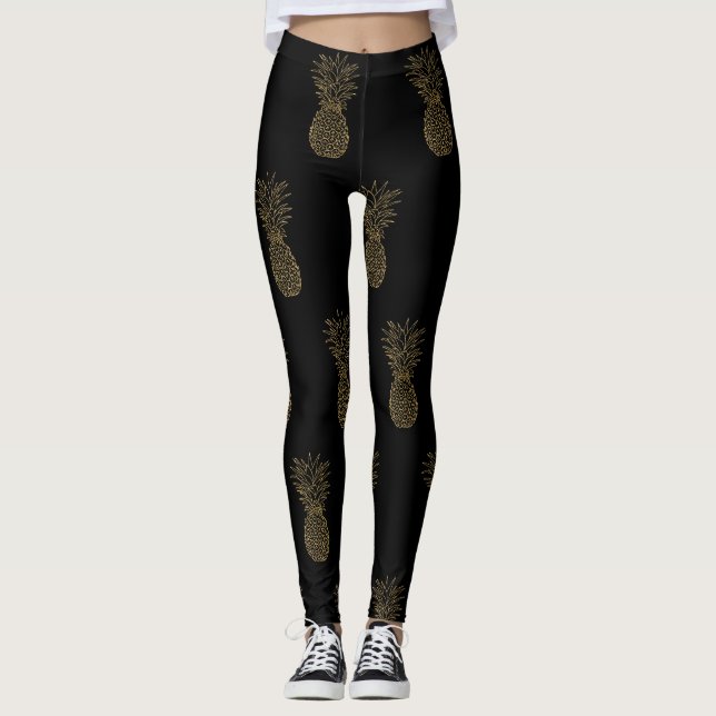 Black Leggings Gold Metallic Pineapple (Front)