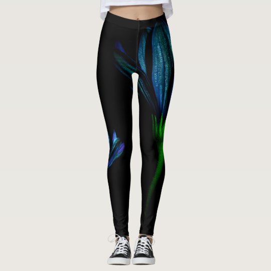 Black Leggings with Blue Flowers