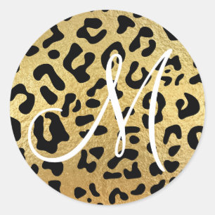 Black Leopard and Faux Gold Foil Texture Monogram Classic Round Sticker