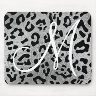 Black Leopard and Faux Silver Foil Monogram Mouse Pad