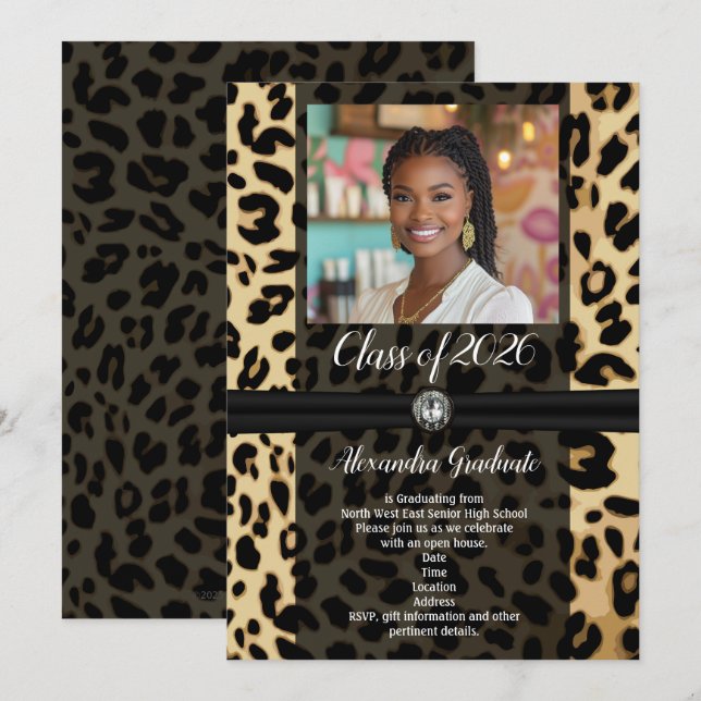 Black Leopard Animal Print Photo 2019 Graduation Invitation (Front/Back)