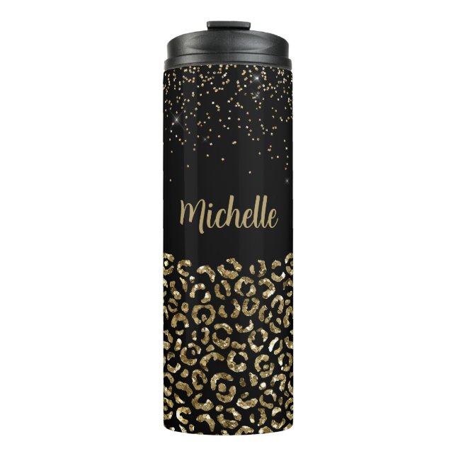 Black Leopard Glitter Personalize Name Thermal Tumbler (Front)