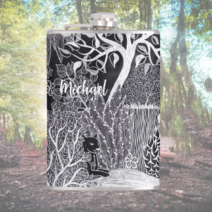 Black leopard in the jungle - hand drawn, custom hip flask
