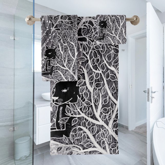 Black leopard in the jungle - pencil drawing bath towel set (Creator Uploaded)