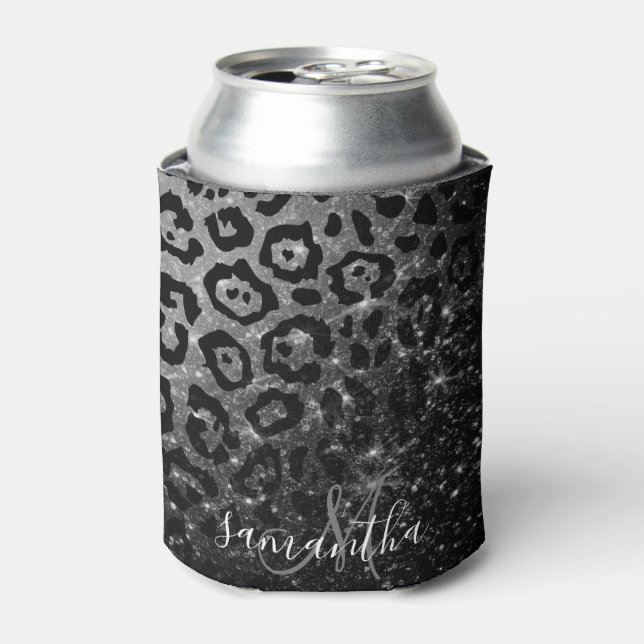 Black Leopard Print and Glitter Can Cooler (Can Front)