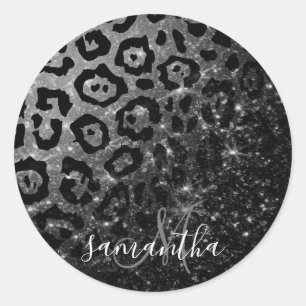 Black Leopard Print and Glitter Classic Round Sticker