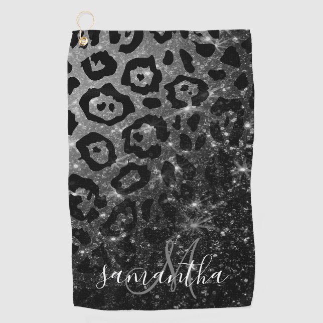 Black Leopard Print and Glitter Golf Towel (Front)