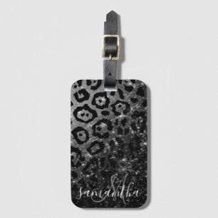 Black Leopard Print and Glitter Luggage Tag