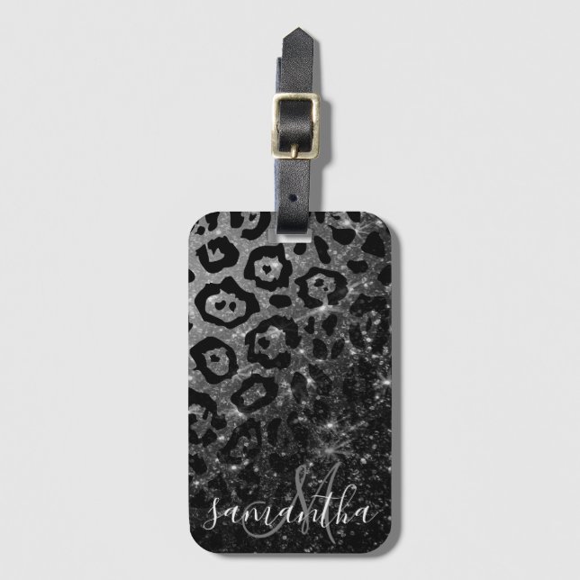 Black Leopard Print and Glitter Luggage Tag (Front Vertical)
