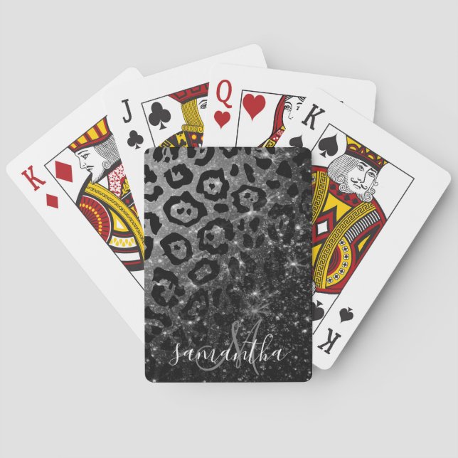 Black Leopard Print and Glitter Playing Cards (Back)