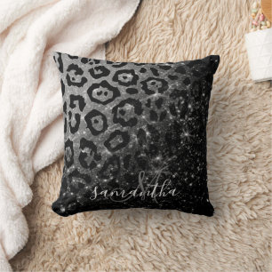 Black Leopard Print and Glitter Throw Pillow