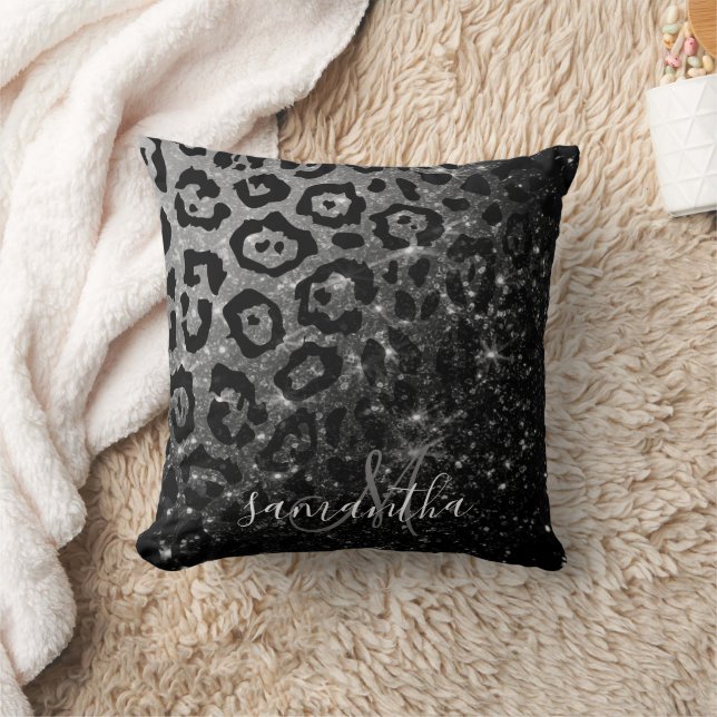 Black Leopard Print and Glitter Throw Pillow (Blanket)
