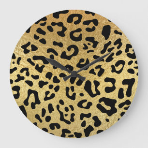 Black Leopard Spots and Shiny Faux Gold Foil Large Clock