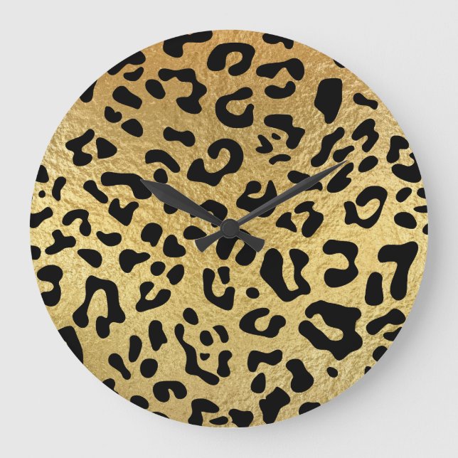 Black Leopard Spots and Shiny Faux Gold Foil Large Clock (Front)