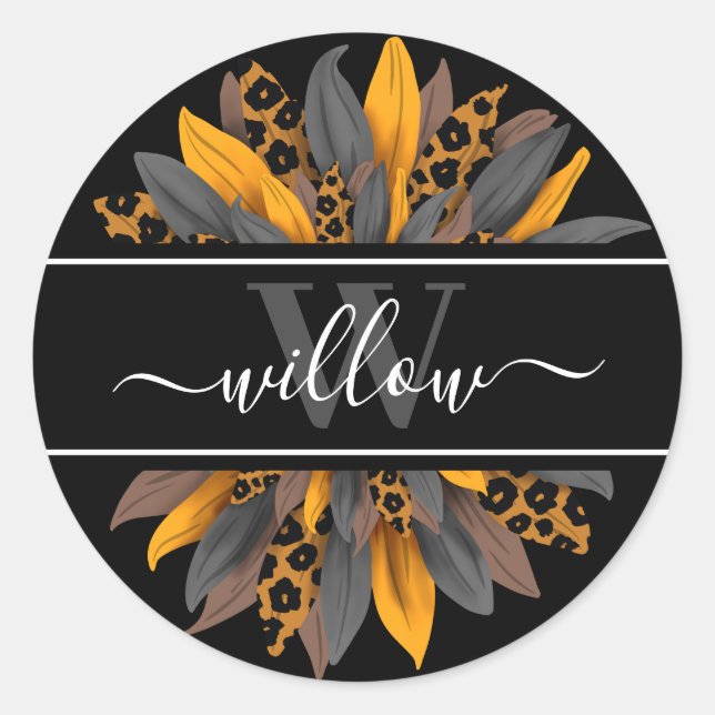 Black Leopard Spots Sunflower Kid's Name Label (Front)