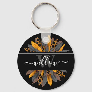 Black Leopard Spots Sunflower Name Monogram Keychain