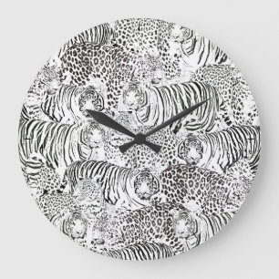Black Leopard Tiger Animals Pattern Large Clock