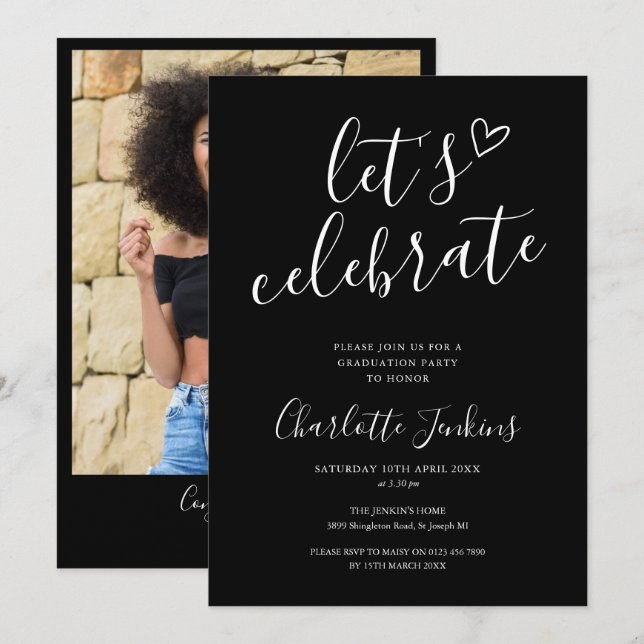 Black Lets Celebrate Script Photo Graduation Party Invitation (Front/Back)