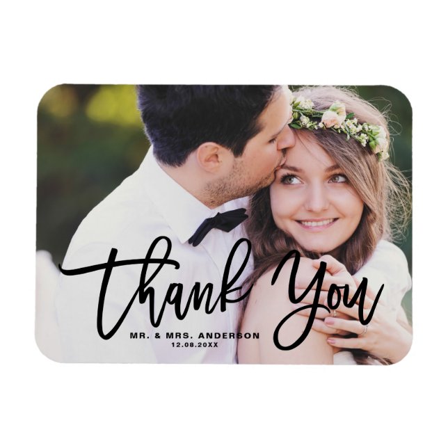 Black Lettering Modern Photo Wedding Thank You Magnet (Horizontal)