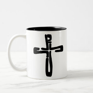 black letters of Jesus on the Cross Two-Tone Coffee Mug