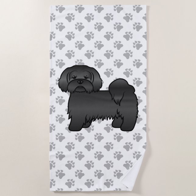 Black Lhasa Apso Cute Cartoon Dog Illustration Beach Towel (Front)