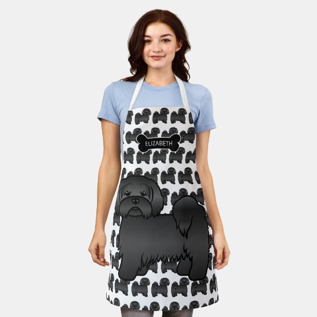Black Lhasa Apso Cute Cartoon Dog & Name Apron (Worn)