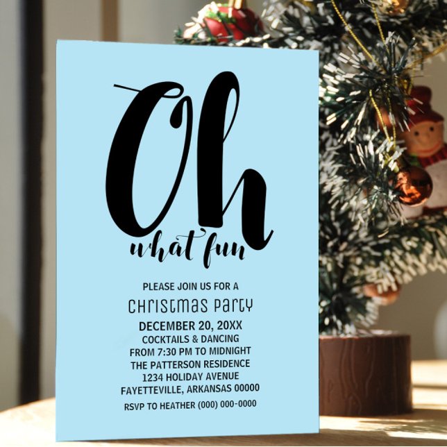 Black Light Blue Oh What Fun Holiday Party Invite (Black and Light Blue Oh What Fun Holiday Party Invite)