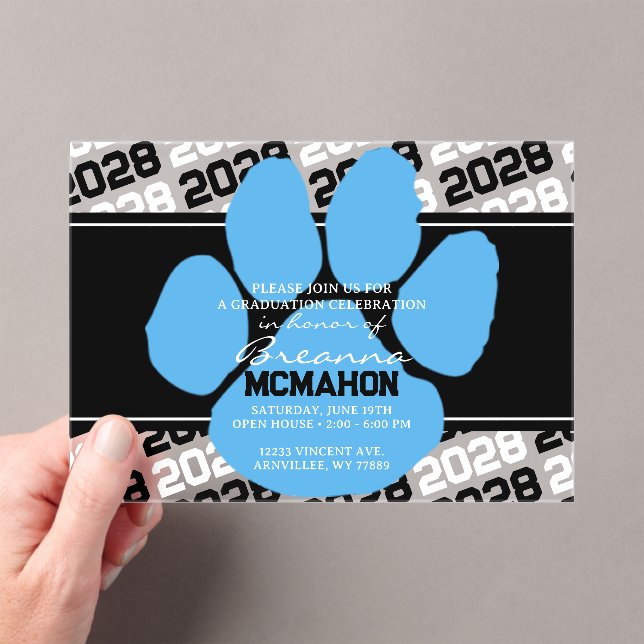 Black & Light Blue Pawprint Graduation Frosted Acrylic Invitations (Insitu (Handheld))