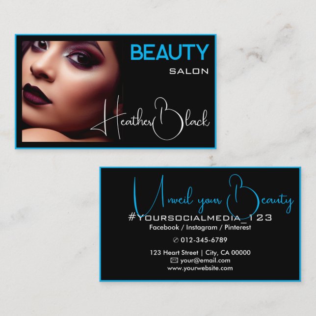 Black Light Blue Thin Border Modern Photo Image Business Card (Front/Back)