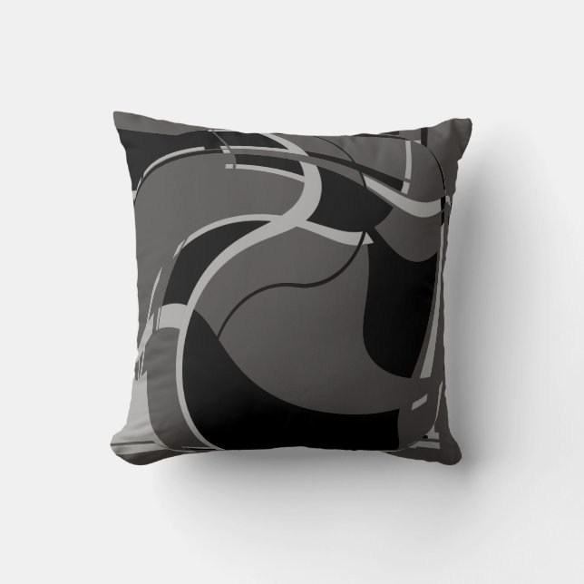 Black Light Grey on Dark Grey Swirling Art Design Throw Pillow (Front)