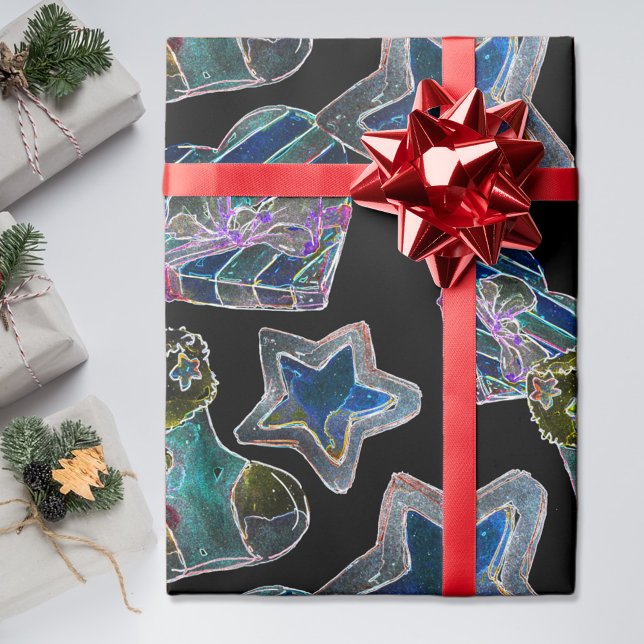 Black Light Neon Christmas Heart Pattern  Wrapping Paper (Creator Uploaded)