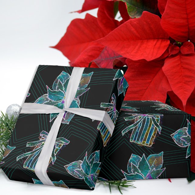 Black Light Neon Christmas Poinsettia Pattern  Wrapping Paper (Creator Uploaded)