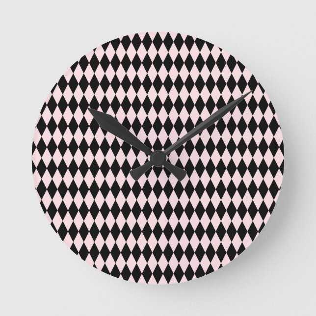 Black & Light Pink Stripe Pattern Minimal Abstract Round Clock (Front)