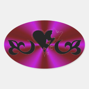 Black Lily Heart and Butterfly on Rainbow Oval Sticker